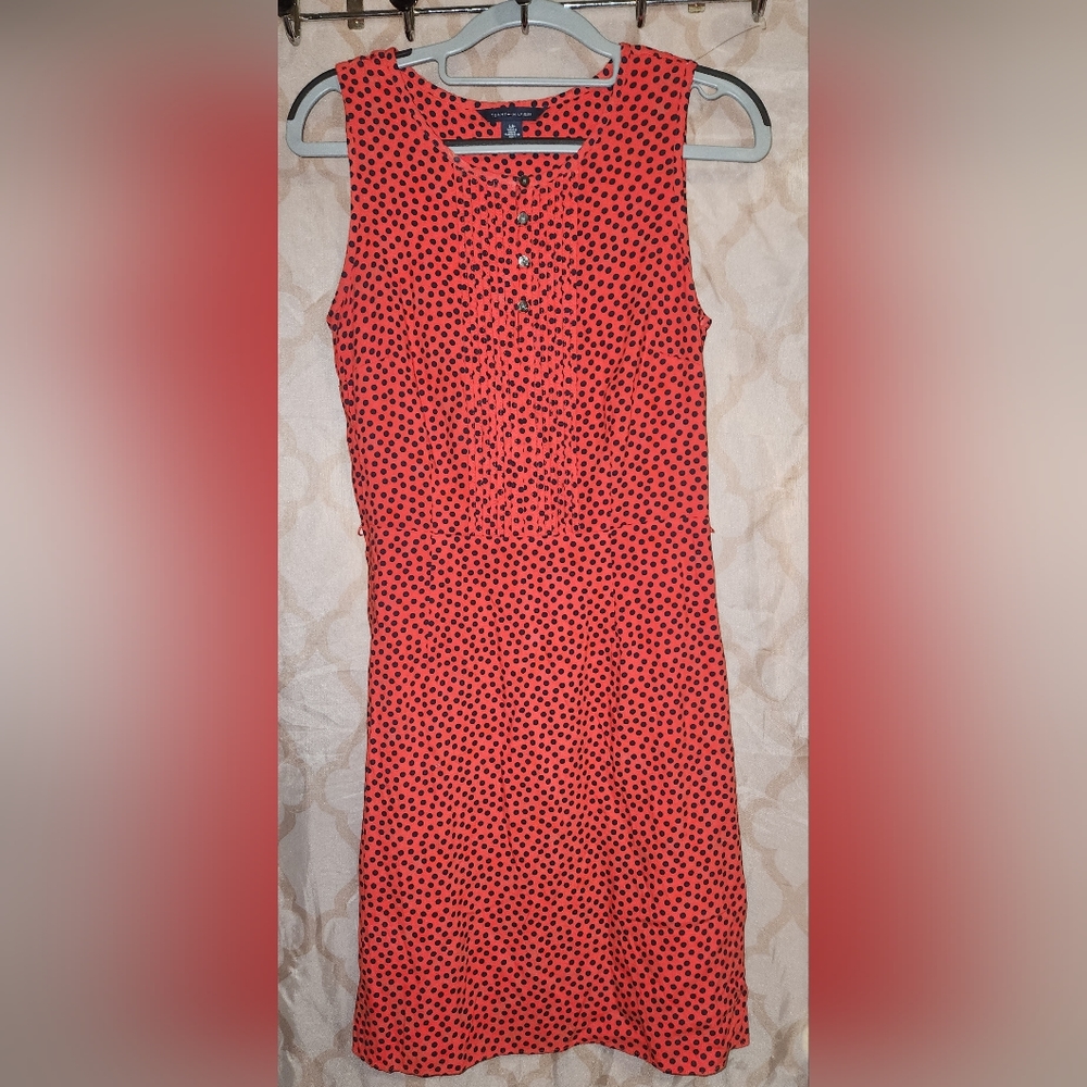 Tommy Hilfiger Dress Polka Dot Red & Blue Shift Pleated Top Sleeveless M Medium